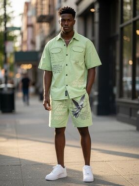 Men's Light Green Graphic Cargo Shorts